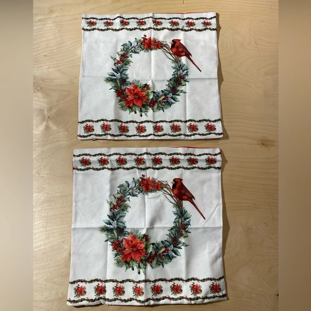 Set of 2 Festive Cardinal Wreath Holiday Pillow Covers 17” x 17” (MV)